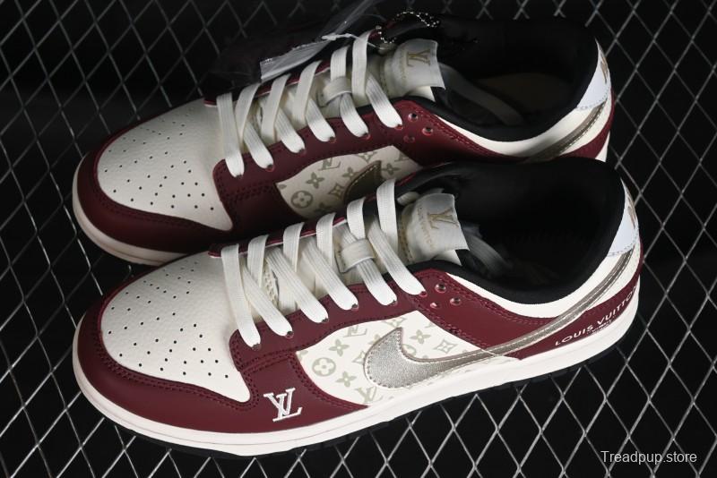 Louis Vuitton x Nike Dunk Low Customized Sneakers - Burgundy with Silver Swoosh SB Low Top Casual Skate Shoes - FC1688-188