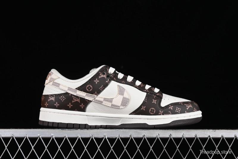 Nike SB Dunk Low LV Collaboration - Checkerboard Brown White Swoosh Anniversary High-End Custom Low-Top Casual Sneakers - SJ2068-253