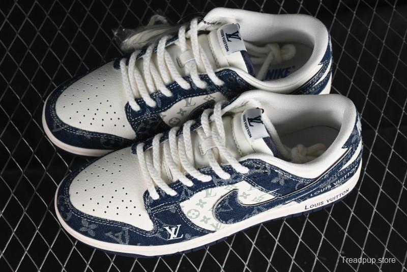 Nike SB Dunk Low LV Collaboration - Blue Denim Print Anniversary High-End Custom Low-Top Casual Skate Shoes - SJ2068-257
