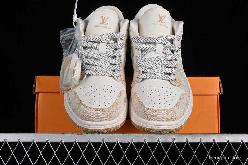 Nike Air Jordan 1 Low LV Collaboration Denim Khaki Customized Casual Sneakers - SJ9950-002