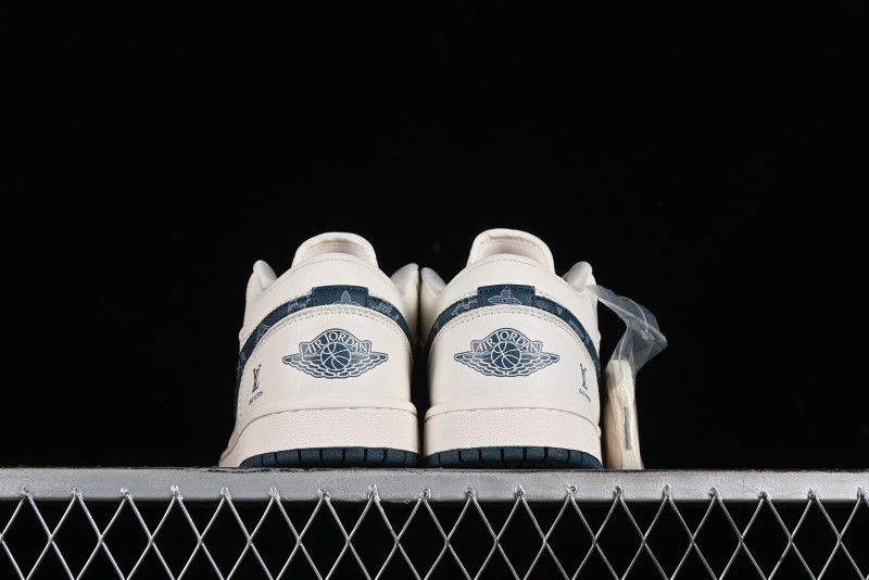 Nike Air Jordan 1 Low LV Collaboration - White with Blue Swoosh Custom Casual Sneakers - WG8850-005