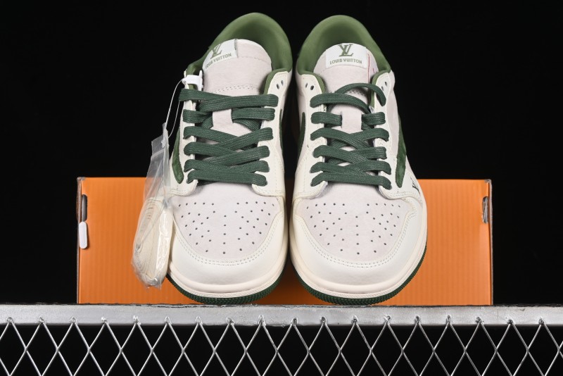 Nike Travis Scott x Fragment Design x Air Jordan 1 Low OG SP AJ1 LV Collaboration - Grey Green Pigskin Low Top Casual Sneakers - XZ1268-005