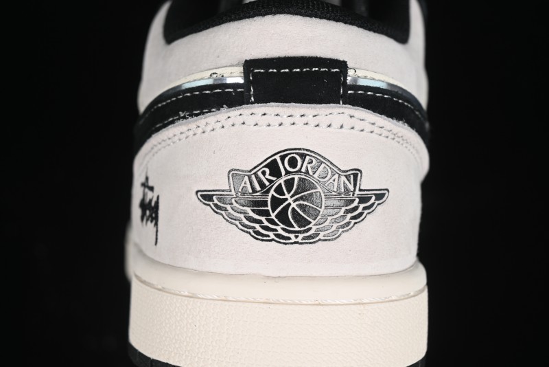 Nike Air Jordan 1 Low Stussy Collaboration - Silver Trim Black Swoosh Retro Basketball Shoes - SJ9950-026