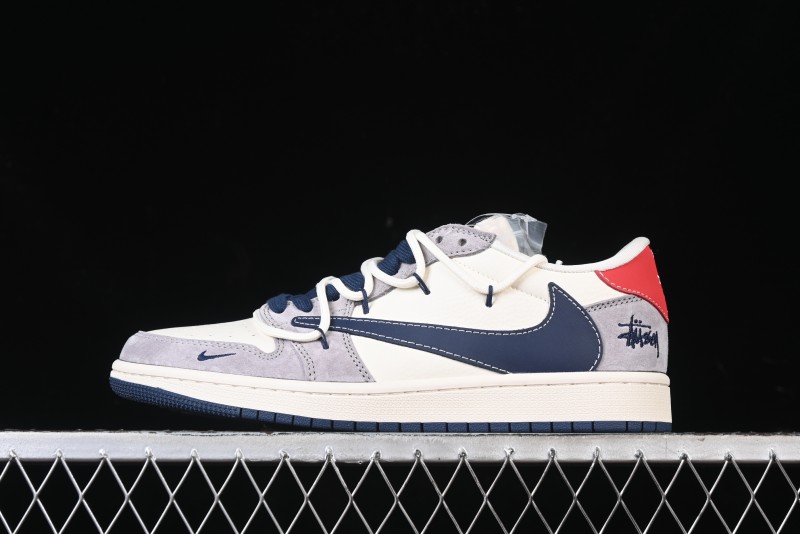 Nike Travis Scott x Fragment Design x Air Jordan 1 Low OG SP AJ1 Stussy Collaboration - Grey Blue Hook Lace Low Top Casual Sneakers - SJ0086-140