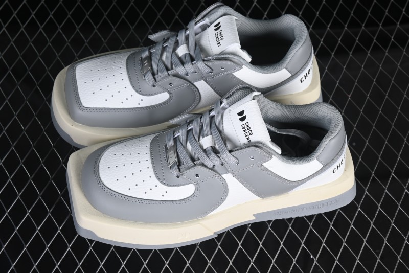 Choco Concert Leather Round Square Asymmetric Fashion Sneakers White Gray - AJE5