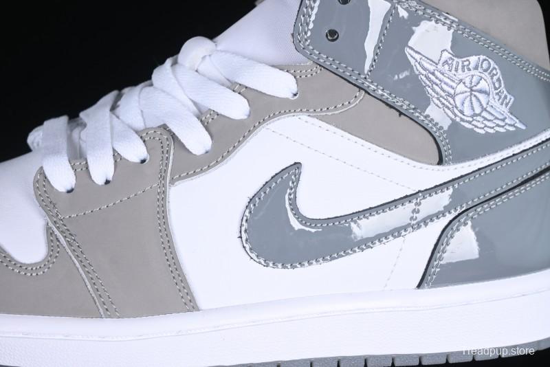 Nike Air Jordan 1 Mid AJ1 High-Top Basketball Shoes in White Grey Patent Leather - HF3216-100