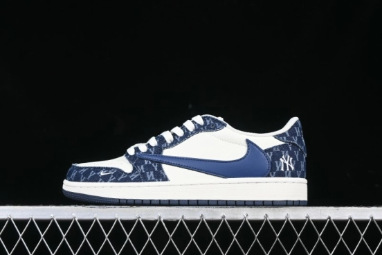 Nike Travis Scott x Fragment Design x Air Jordan 1 Low OG SP AJ1 MLB Collaboration White Blue Denim Low-top Casual Sneakers - DM7866-051