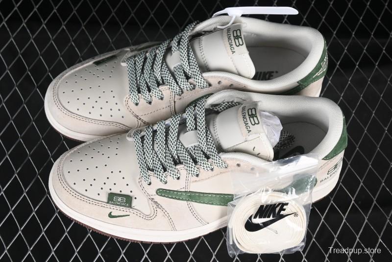 Nike Travis Scott x Fragment Design x Jordan Air Jordan 1 Low OG SP AJ1 Paris Collaboration Suede Green Swoosh Low-Top Casual Sneakers - XS3086-015