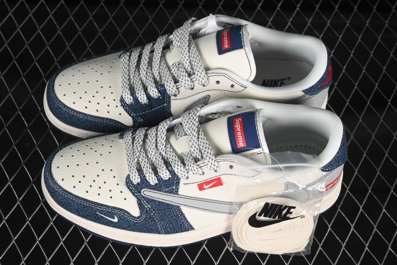 Nike Travis Scott x Fragment Design x Air Jordan 1 Low OG SP AJ1 Supreme Collaboration Grey Blue Denim Low-Top Casual Sneakers - JJ2508-565