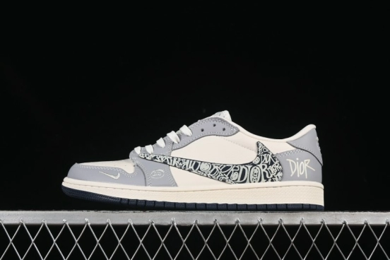 Nike Travis Scott x Fragment Design x Air Jordan 1 Low OG SP AJ1 Dior Collaboration Embossed Pattern Low-Top Casual Sneakers - XS2024-023