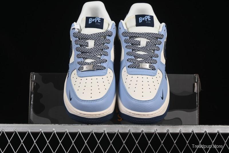 Nike Air Force 1 '07 Low Bape Collaboration Light Blue Swoosh Casual Sneakers - XS1958-554