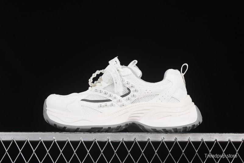 GG-CC Lace Pearl Chain Casual Platform Dad Shoes - 250310 White