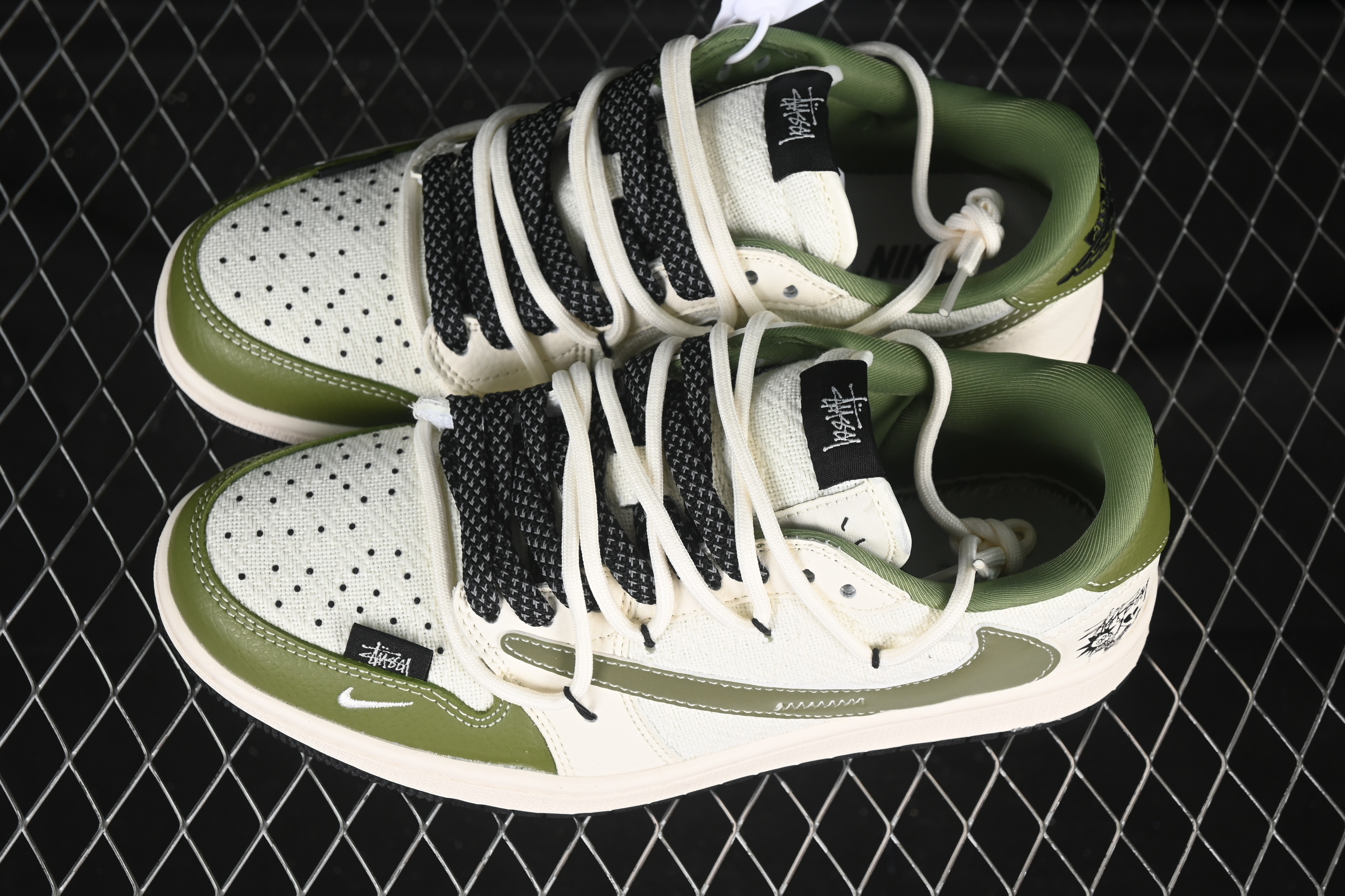 Nike Travis Scott x Fragment Design x Air Jordan 1 Low OG SP AJ1 Stussy Collaboration Green Hemp Lace-Up Low-Top Casual Sneakers - DM6868-104