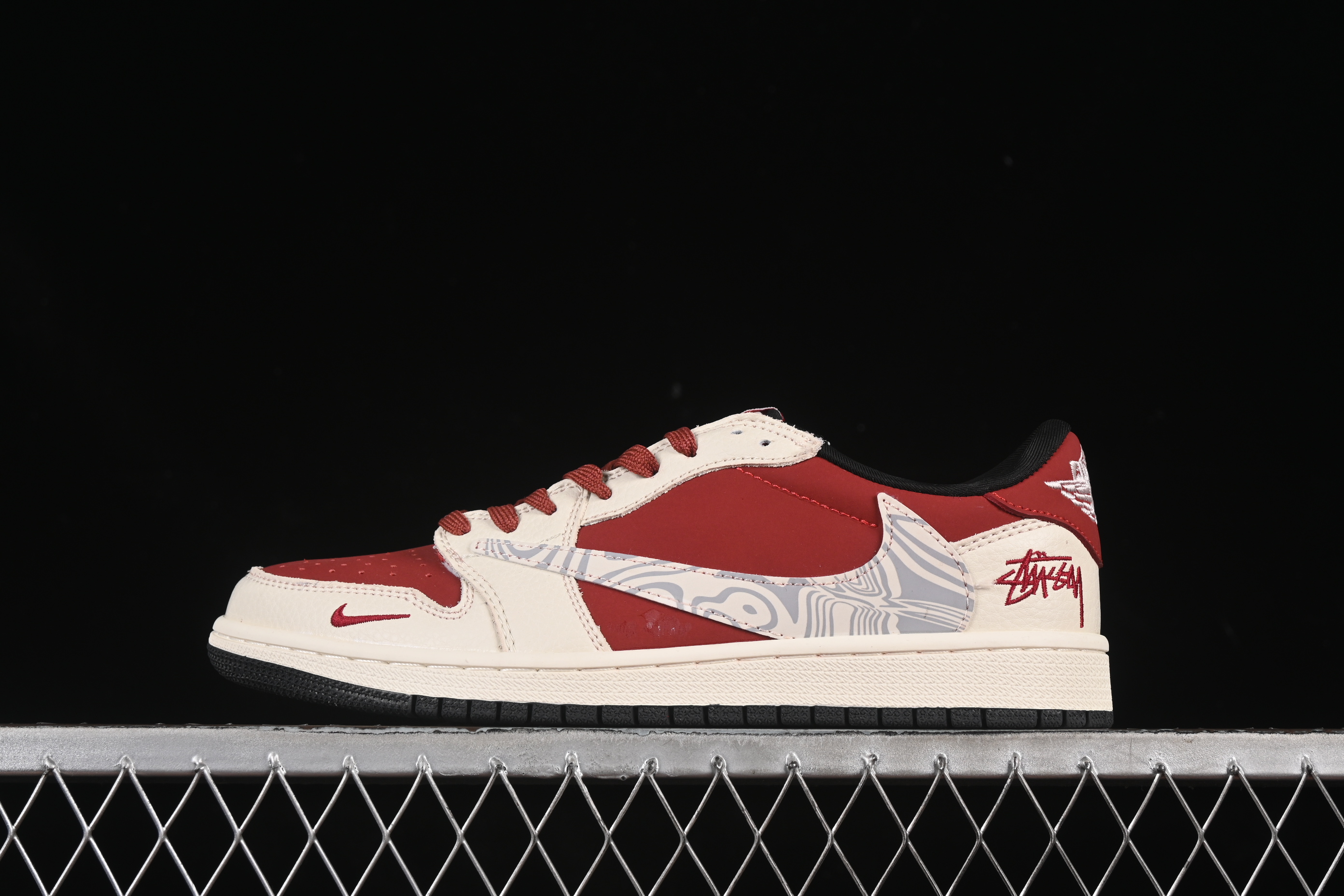 Nike Travis Scott x Fragment Design x Air Jordan 1 Low OG SP AJ1 Stussy Collaboration Ripple Bordeaux Low Top Casual Sneakers - LD2025-017