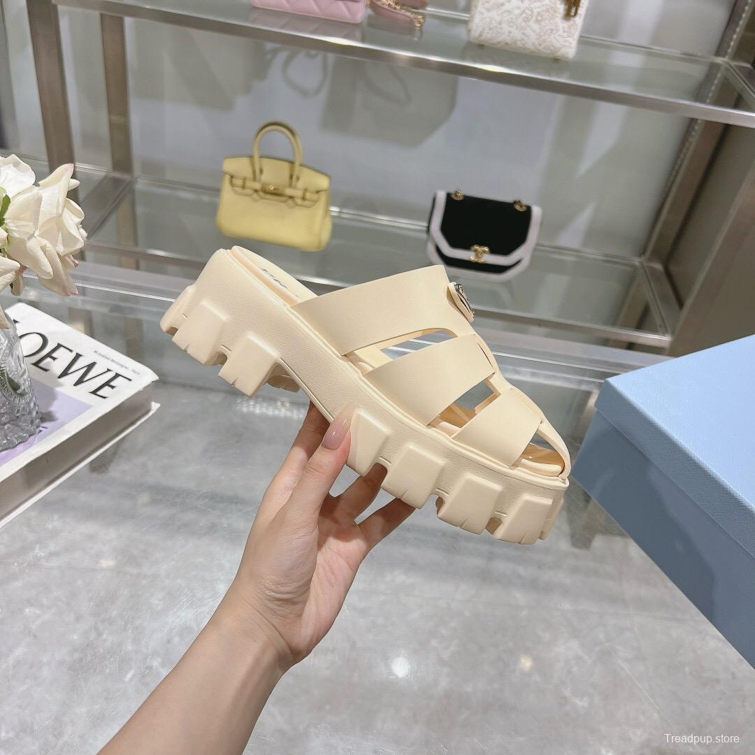 2025 Women Prada Beige Leather Platform Sandals LY00250