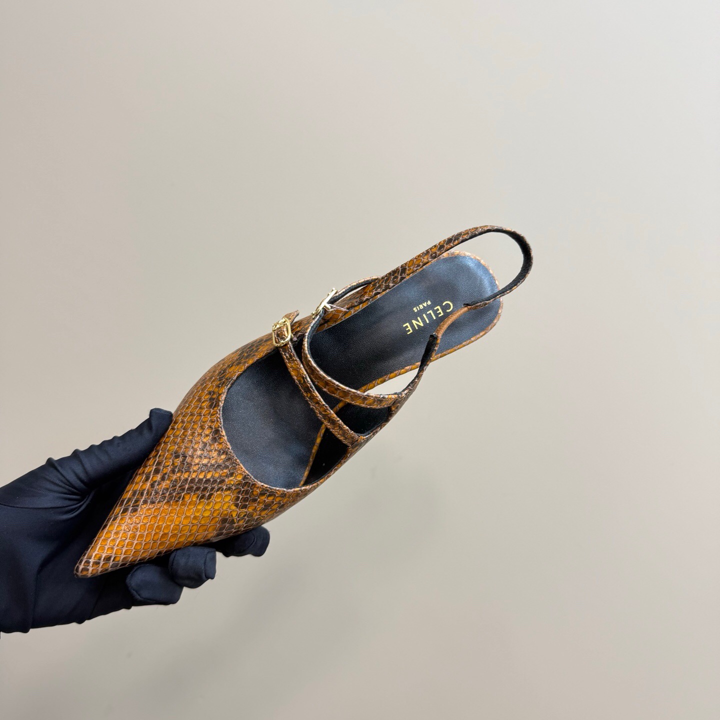 2025 Women CELINE Brown Snake Leather Slingback Pumps