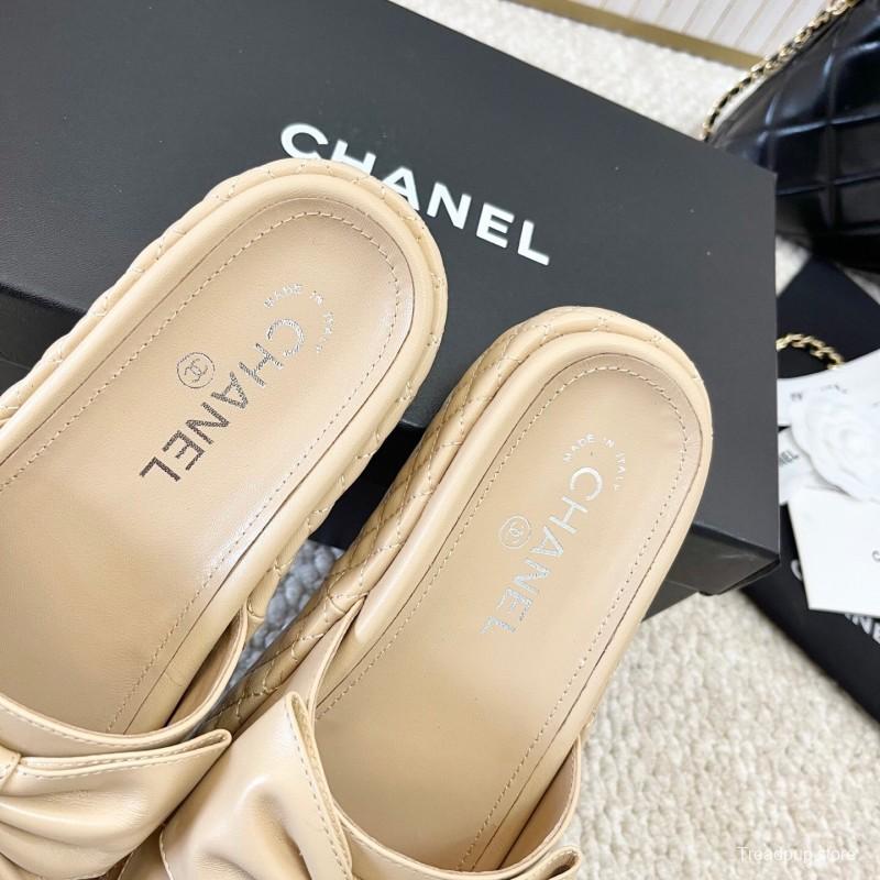 2025 Women Chanel Beige Leather Slippers Bow KFY00310