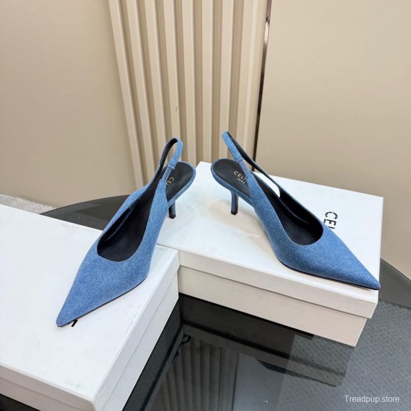 2025 Women CELINE Blue Denim Slingback Heels
