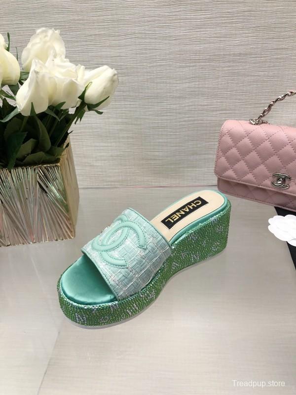 2025 Women Chanel Green Turquoise Tweed Platform Slippers LY00320