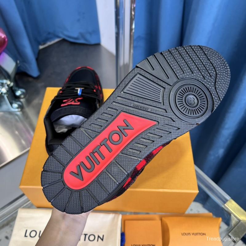 2025 Unisex Louis Vuitton Black Red Leather Sneakers