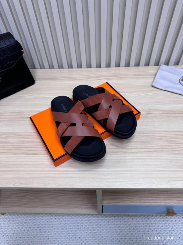 2025 Men HERMÈS Brown Leather Sandals