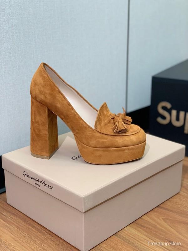 2025 Women Gianvito Rossi Brown Suede Platform Tassel Loafer