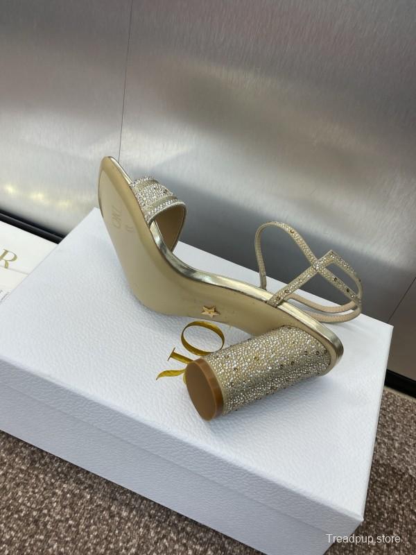 2025 Women Dior Gold Crystal Embellished Leather Sandals KFY00320