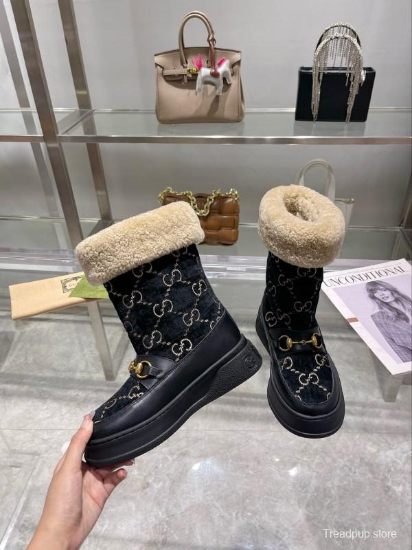 2024 Women Gucci Black Shearling Leather Snow Boots MJ00420