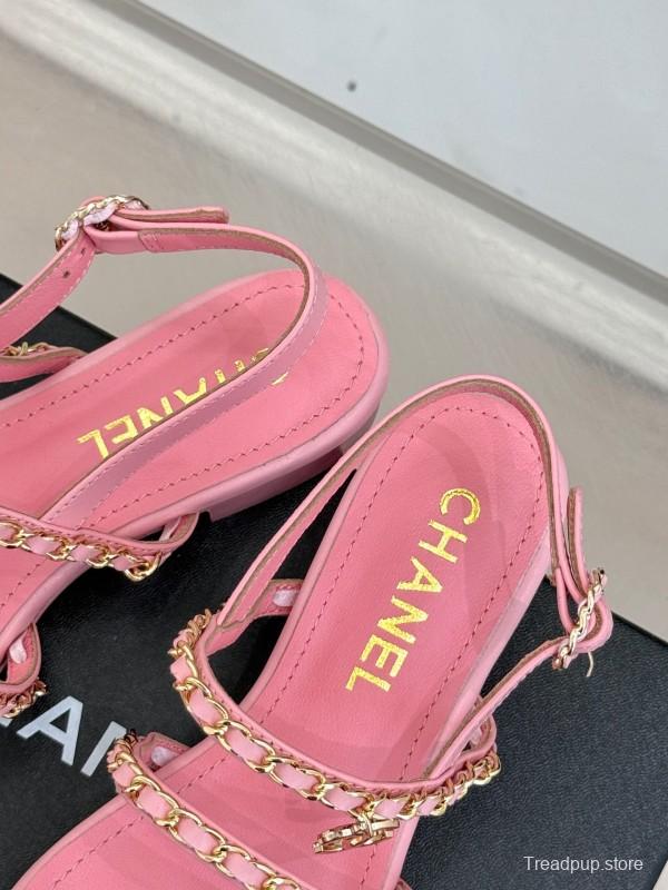 2025 Women Chanel Pink Leather Chain Strap Sandals