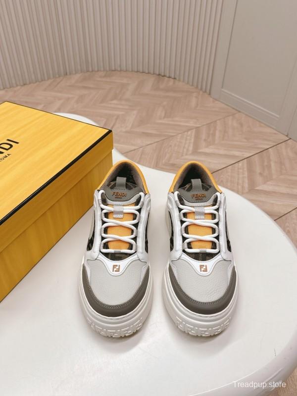 2025 Women Fendi White Grey Yellow Leather Mesh Sneakers