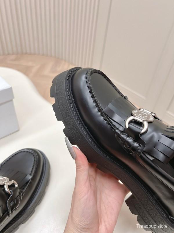 2025 Women Dior Black Leather Loafers KFY00350