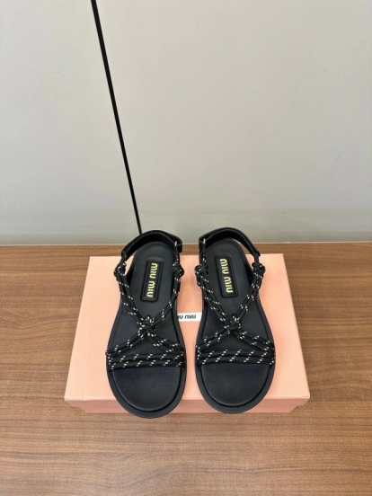 2025 Women Miu Miu Black Leather Rope Sandals