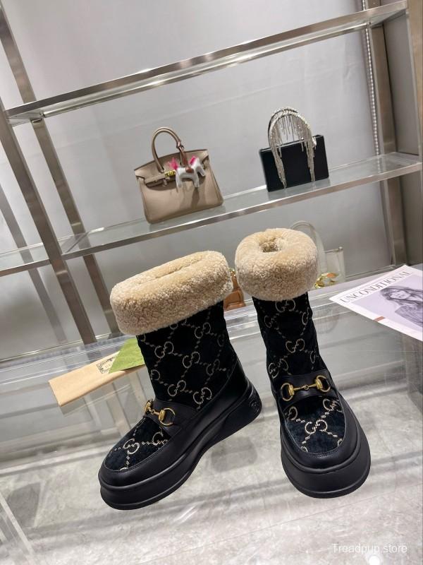 2024 Women Gucci Black Shearling Leather Snow Boots MJ00420