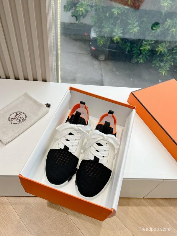 2024 Unisex Hermès Black White Orange Calfskin Suede Knitted Sneakers MJ00290