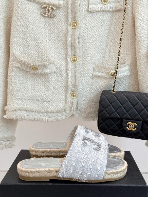 2025/Women Chanel White Lace Espadrille Slides Handmade Craft KFY00240(F)