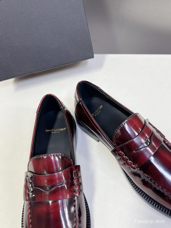 2025 Women Yves Saint Laurent Burgundy Calf Leather Loafers KFY00350