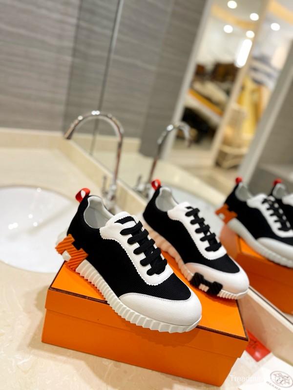 2024 Unisex Hermès black white leather mesh sneakers