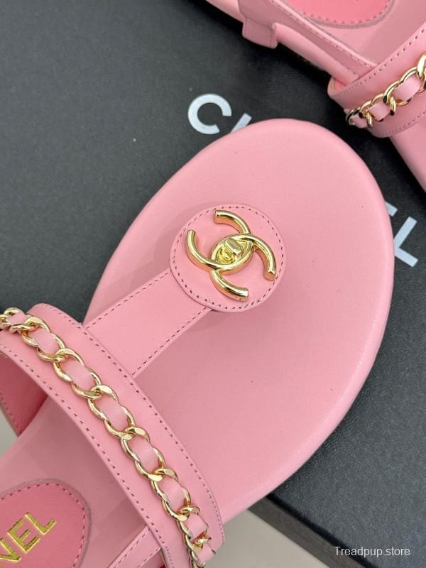 2025 Women Chanel Pink Lambskin Sandals CC Logo KFY00250