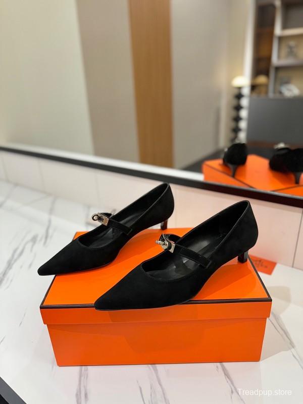 2025 Women Hermès Black Suede Pumps KFY00330