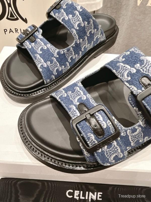 2025/Unisex CELINE Blue Denim Buckled Slide Sandals Stylish Comfort KFY00280