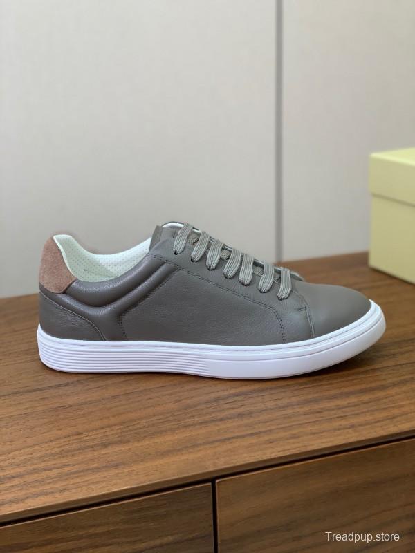 2025 Men Brunello Cucinelli Gray Leather Casual Sneakers Handmade Smooth Finish KFY00310 (M)