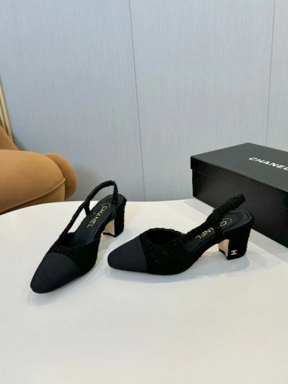 2025 Women Chanel Black Fabric Leather Slingback Heels LY00240