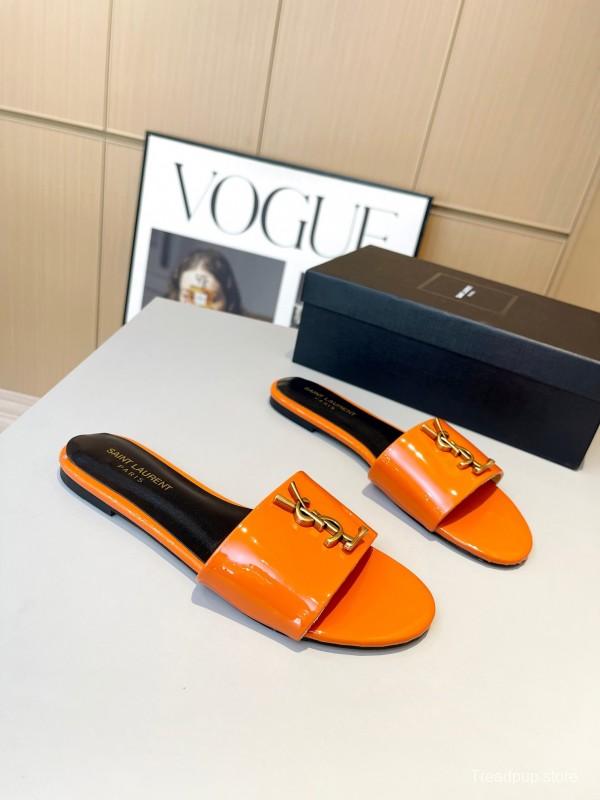 2025 Women Yves Saint Laurent Orange Patent Leather Slippers LY00180