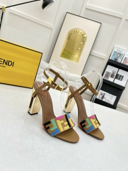 2025 Women Fendi Brown Multicolor Leather High Heel Sandals MJ00280