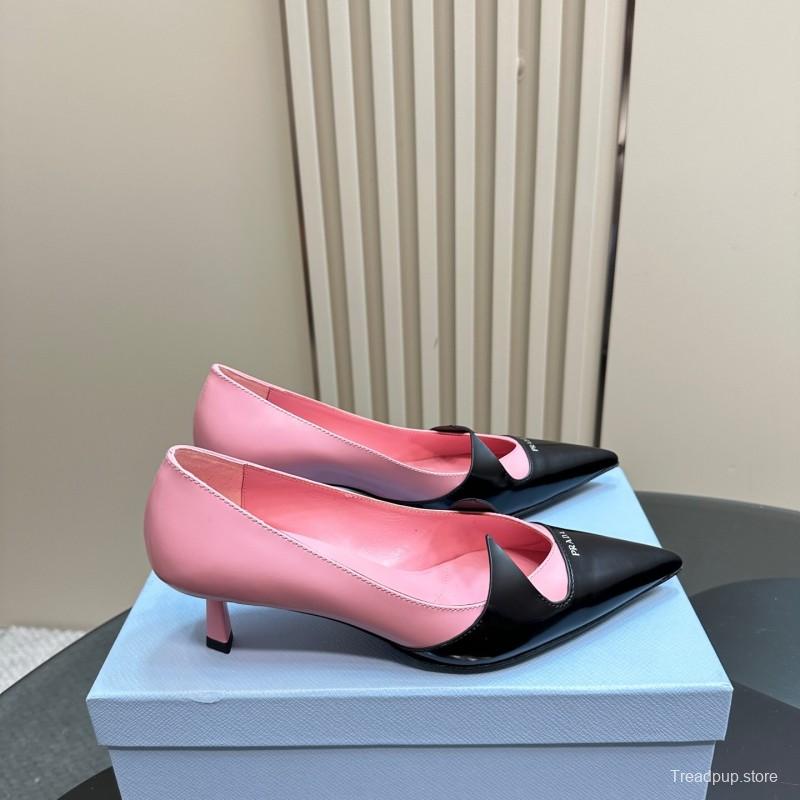 2025 Women Prada Pink Black Leather Pointed Toe Low Heel KFY00310