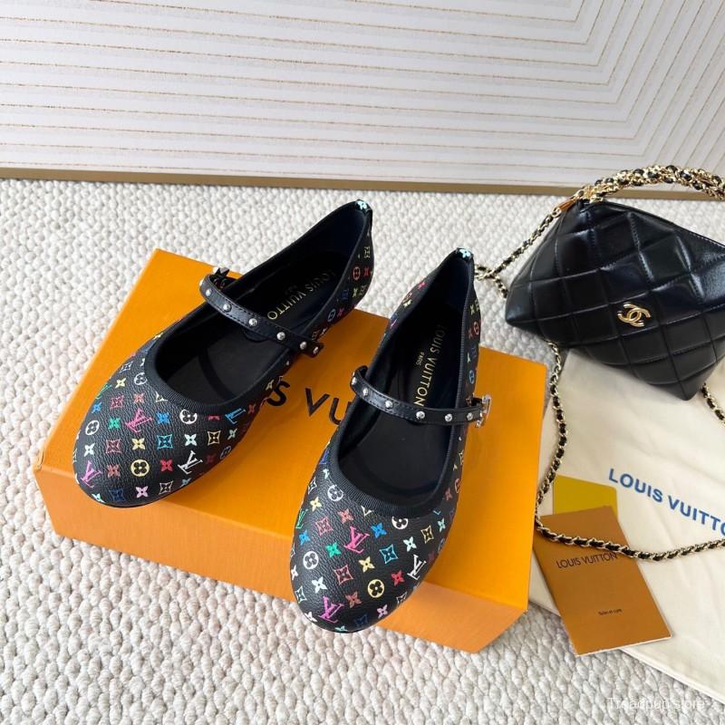 2025 Women Louis Vuitton Black Multicolor Leather Ballet Flats KFY00300