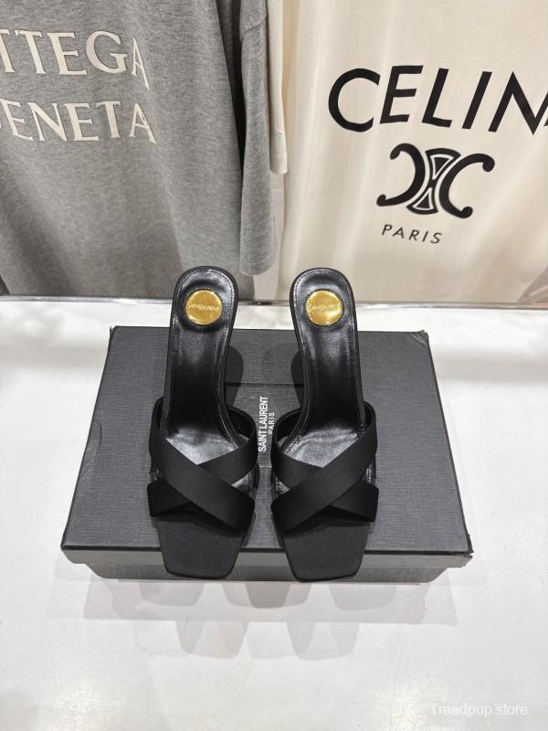 2025 Women Yves Saint Laurent Black Leather High Heel Slide Sandals With Gold Medallion Detail - LY00360(F)