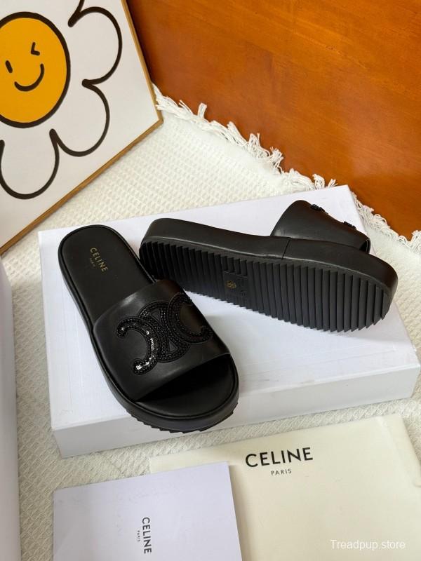 2025 Slippers CELINE Black Leather Slippers KFY00250
