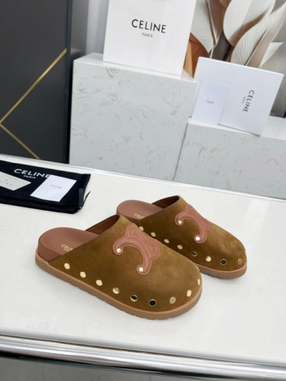 2025 Slippers Celine Brown Pink Suede Leather Studded LY00240