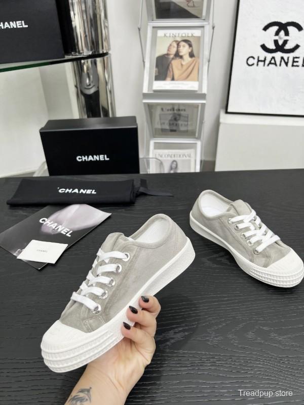 2025 Women Chanel Grey Canvas Leather Casual Sneakers LY00230
